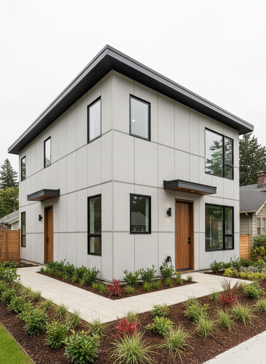 A newly built, contemporary half-duplex home in Vancouver’s Collingwood neighbourhood, featuring clean architectural lines, a neutral light-grey façade, black-framed high-efficiency windows, and sustainable fiber-cement siding. A compact, landscaped front yard with native shrubs, permeable pavers, and a discreet EV charging outlet frames the entrance. Soft overcast daylight typical of the Pacific Northwest creates even, diffused lighting with minimal shadows, emphasizing the textures of the siding and roofing. Captured at eye level with a slight three-quarter angle to show both the front and side elevations, the composition highlights the home’s balanced proportions and modern curb appeal. The mood is professional, welcoming, and quietly upscale, rendered in photographic realism with crisp detail and natural, accurate colours suitable for a real estate listing hero image.