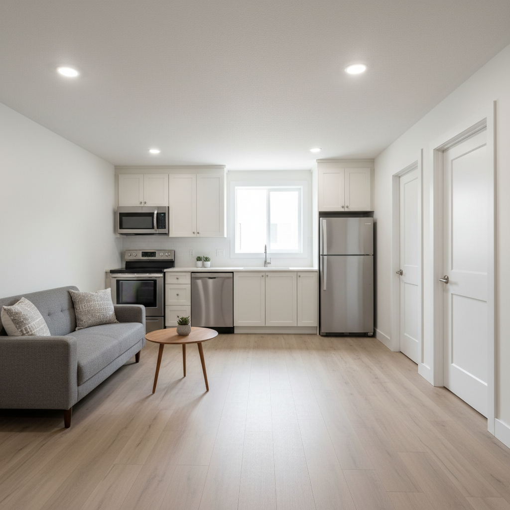 A bright, lower-level legal 2-bedroom suite within a Net Zero half duplex, featuring a compact yet thoughtfully designed open-plan living and kitchen area. Durable, light-toned laminate flooring runs throughout, complemented by crisp white walls and recessed LED ceiling lights for consistent, energy-efficient illumination. A small, straight-line kitchen with shaker-style cabinets, quartz counters, and stainless appliances lines one wall, while two interior doors in the background subtly indicate separate bedrooms. A full-height window brings in soft natural daylight, keeping the space from feeling basement-like. Captured with a wide-angle lens from the entry, everything is in sharp focus, emphasizing functionality, comfort, and income potential. The atmosphere is clean, practical, and welcoming, with photographic realism tailored to real estate marketing.