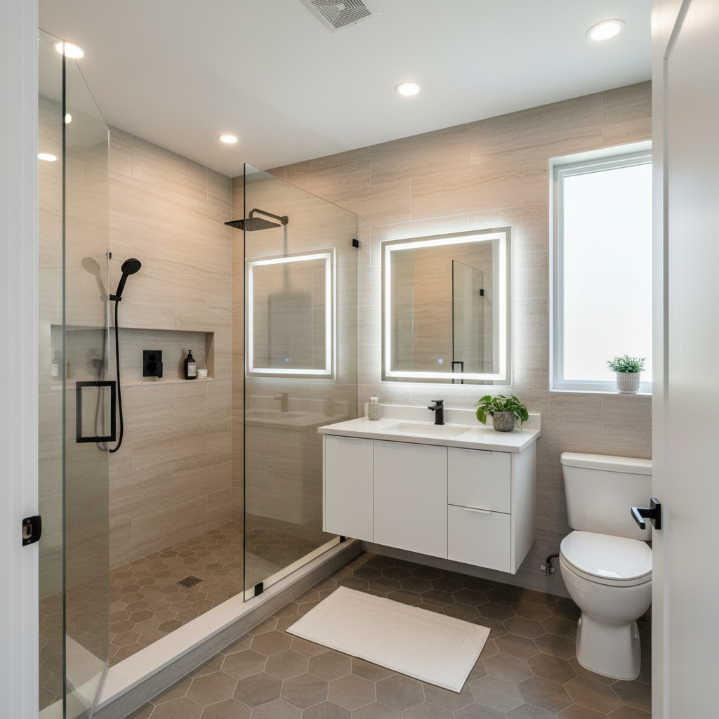A modern, spa-like primary bathroom in the Net Zero duplex, featuring a frameless glass walk-in shower with matte black fixtures, large-format light stone-look porcelain tiles on the walls, and warm grey hexagon tiles on the floor. A floating white vanity with a quartz countertop and integrated sink sits beneath a wide, backlit mirror, with a discreet low-flow toilet completing the layout. Recessed LED lighting in the ceiling combines with soft natural light entering from a frosted window, creating a bright but gentle illumination that highlights clean lines and refined finishes. Captured from the doorway at eye level with sharp focus throughout, the composition feels spacious, hygienic, and contemporary. The photographic realism and clean, professional style make it ideal for emphasizing quality craftsmanship and thoughtful design.