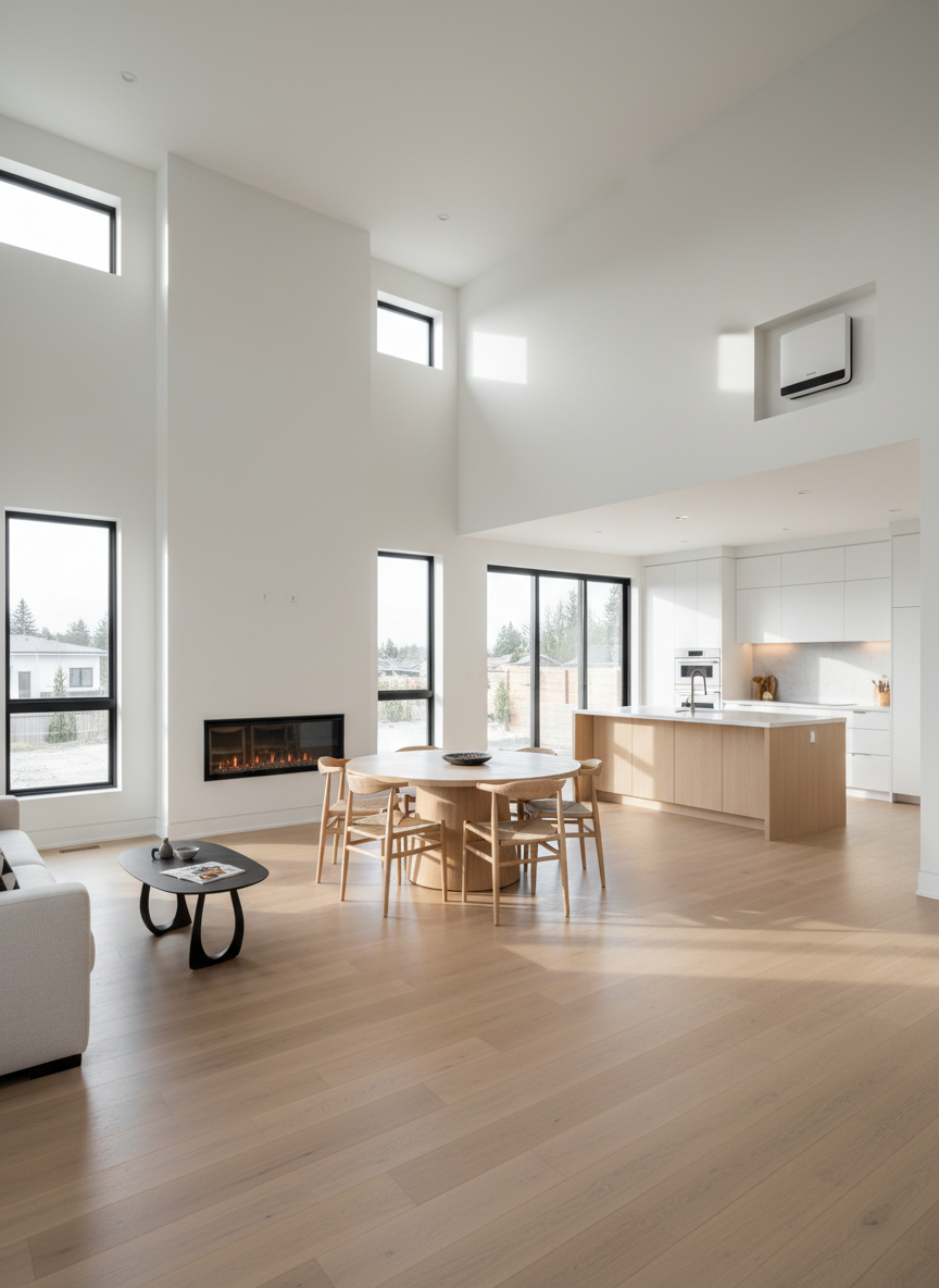 An airy, open-concept living and dining area inside a Net Zero half duplex, featuring wide-plank light oak floors, smooth white walls, and large black-framed windows that flood the space with soft natural daylight. A built-in, wall-mounted electric fireplace with a minimalist surround anchors one side, while an energy-efficient heat pump head is subtly recessed high on the opposite wall, blending into the design. The room opens toward a bright modern kitchen in the background, slightly blurred. Shot at eye level with a wide-angle lens and sharp focus throughout, the composition emphasizes openness, clean lines, and quality craftsmanship. Gentle afternoon light creates a calm, inviting atmosphere, with photographic realism and a clean, modern aesthetic ideal for showcasing functional elegance and comfort.