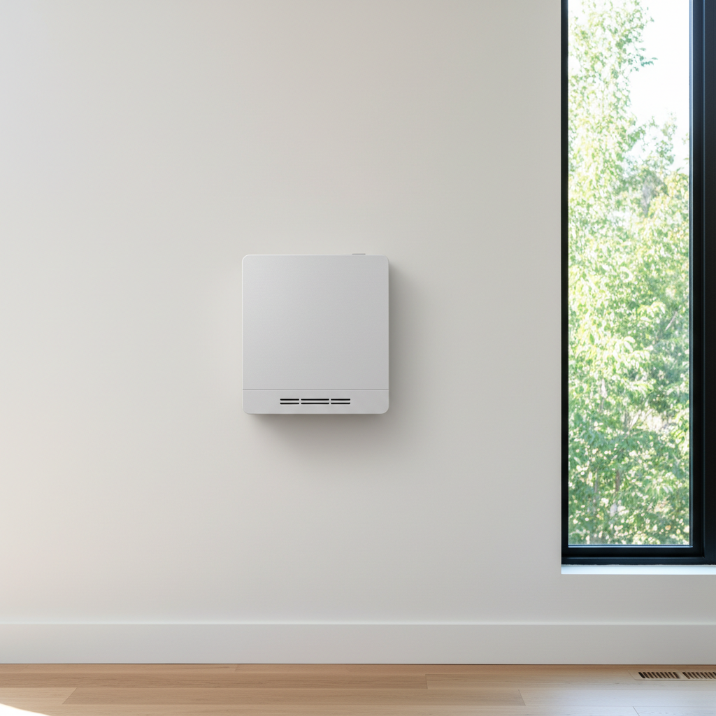 A dedicated shot of a discreet, wall-mounted heat pump indoor unit in the living area of a Net Zero home, framed to show both the unit and surrounding finishes. The compact, matte white unit is positioned high on a smooth white wall above light oak baseboards, with a nearby black-framed window hinting at the exterior greenery in soft focus. Soft mid-morning natural light filters in, creating gentle shadows that define the unit’s form without harsh contrast. Shot at eye level with a moderate depth of field, the heat pump is in sharp focus while the background gradually blurs, conveying quiet efficiency and modern comfort. The mood is clean, professional, and reassuring, rendered in photographic realism as an educational detail image for sustainable home systems.