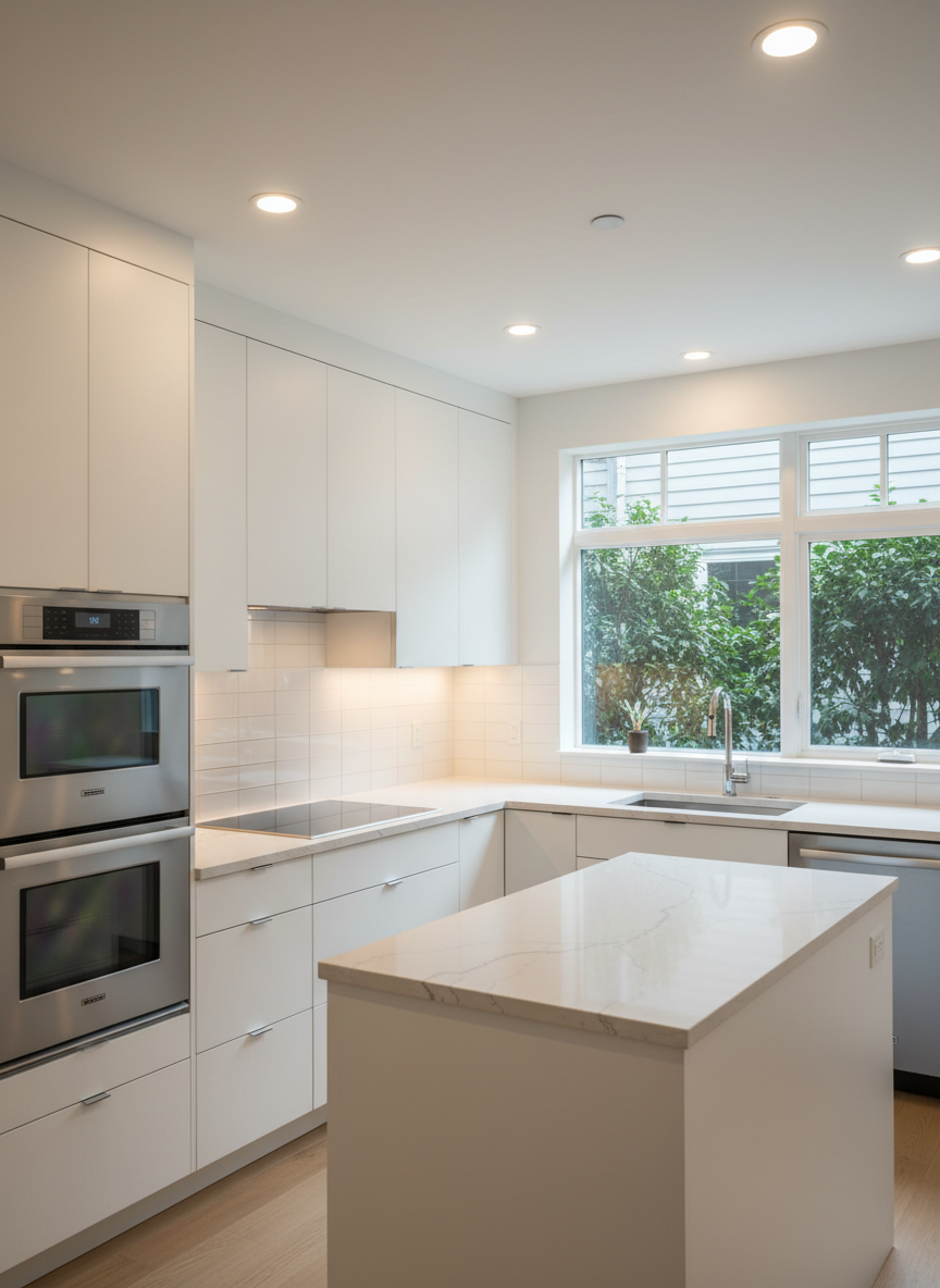 A sleek, high-performance kitchen in a Net Zero Vancouver duplex, showcasing flat-panel matte white cabinetry with integrated pulls, quartz countertops with a subtle veining pattern, and a full-height backsplash in glossy white subway tile. An induction cooktop and stainless-steel, Energy Star–rated appliances line one wall, while a compact island with undermount sink anchors the centre of the room. Under-cabinet LED lighting and recessed ceiling lights cast soft, even illumination, enhancing the reflective surfaces without glare. Through a large window, diffused overcast daylight adds natural brightness. Captured from a slightly elevated corner angle, the composition follows the rule of thirds, with crisp, photographic realism, highlighting meticulous craftsmanship, efficient layout, and contemporary sustainability-focused design in a calm, professional tone.
